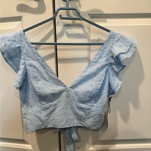 Blue flutter sleeve crop top